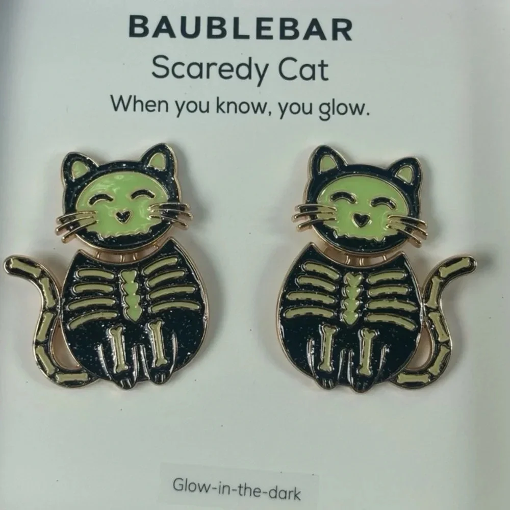 BAUBLEBAR Halloween Cat Dangle/Drop Earrings with Glow in the Dark Skeleton NWT